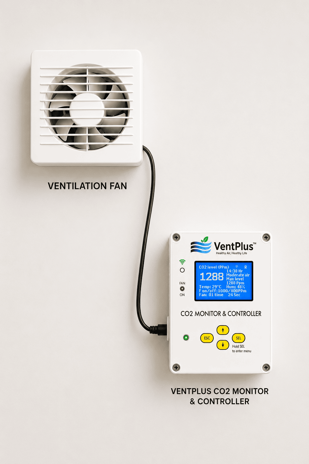 Typical VentPlus setup: exhaust / ventilation fan plugged into the AC socket on the VentPlus CO₂ monitor and controller